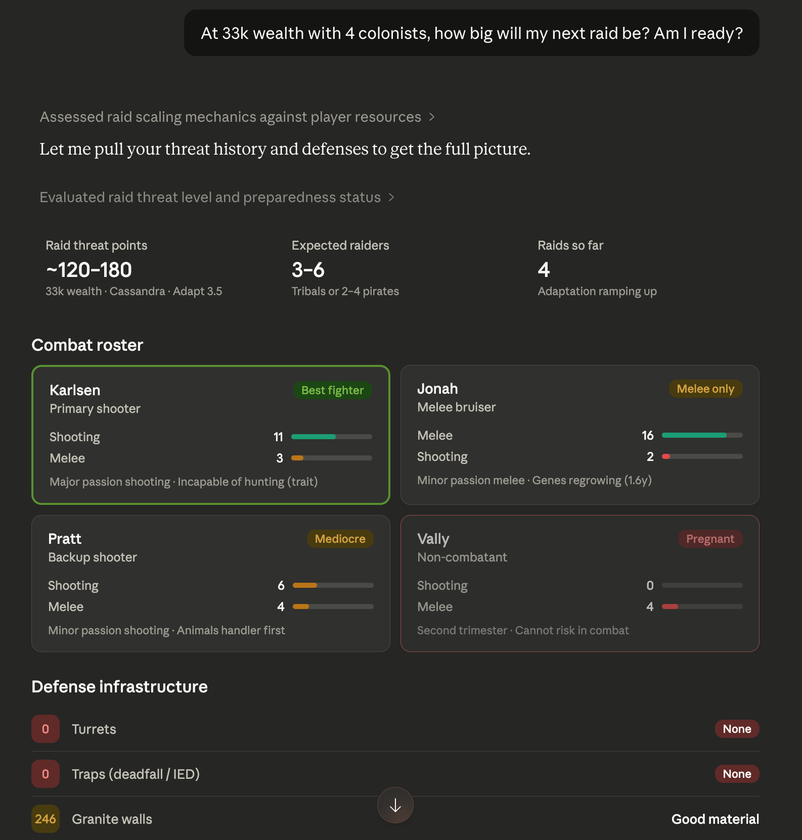 Savecraft analyzing a RimWorld colony's raid readiness -- combat roster with skill ratings, Vally flagged as pregnant and non-combatant, zero turrets, zero traps, raid threat points calculated from colony wealth
