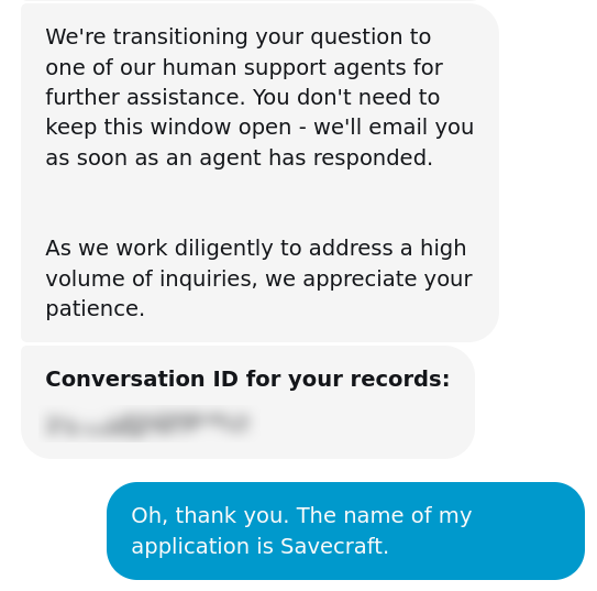 Anthropic's support bot promising an email from a human support agent; the conversation ID is redacted