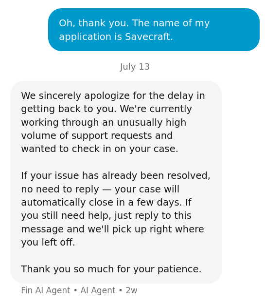 A later automated Anthropic support message apologizing for high request volume and asking whether help is still needed