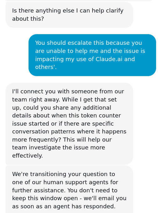 Anthropic's support bot promising to transition the token counter report to a human support agent