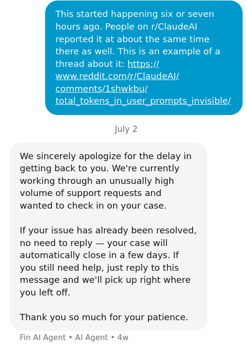 The later automated response asking whether the unresolved token counter problem had resolved itself